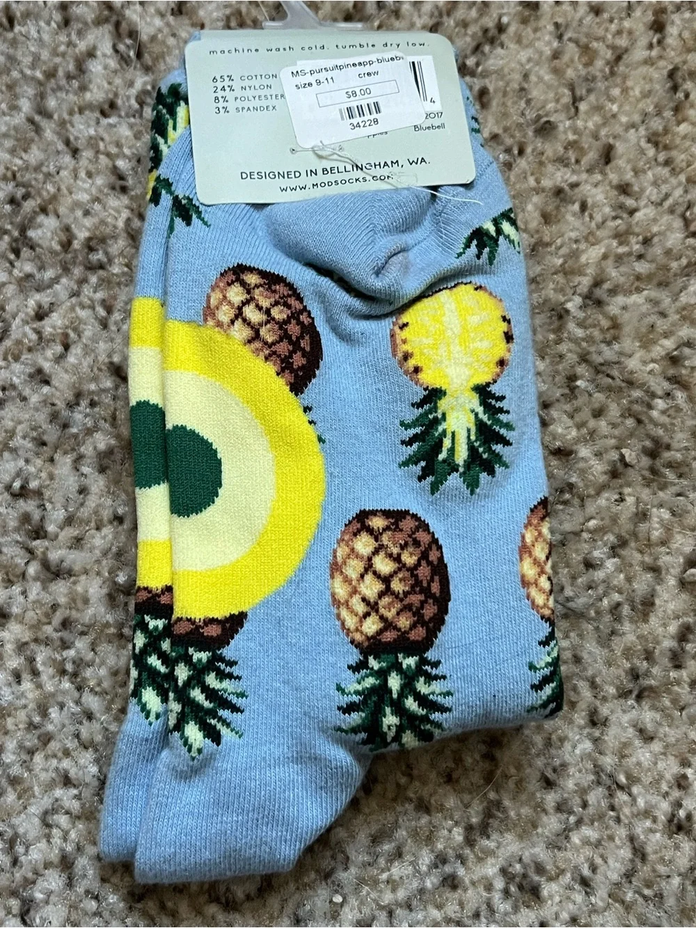 MOD Socks Women’s Crew Pineapple Fruit Socks in Light Blue Fun Quirky niche